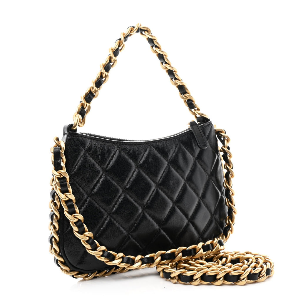 Lambskin Quilted Chain Around Top Handle Mini Bag Black