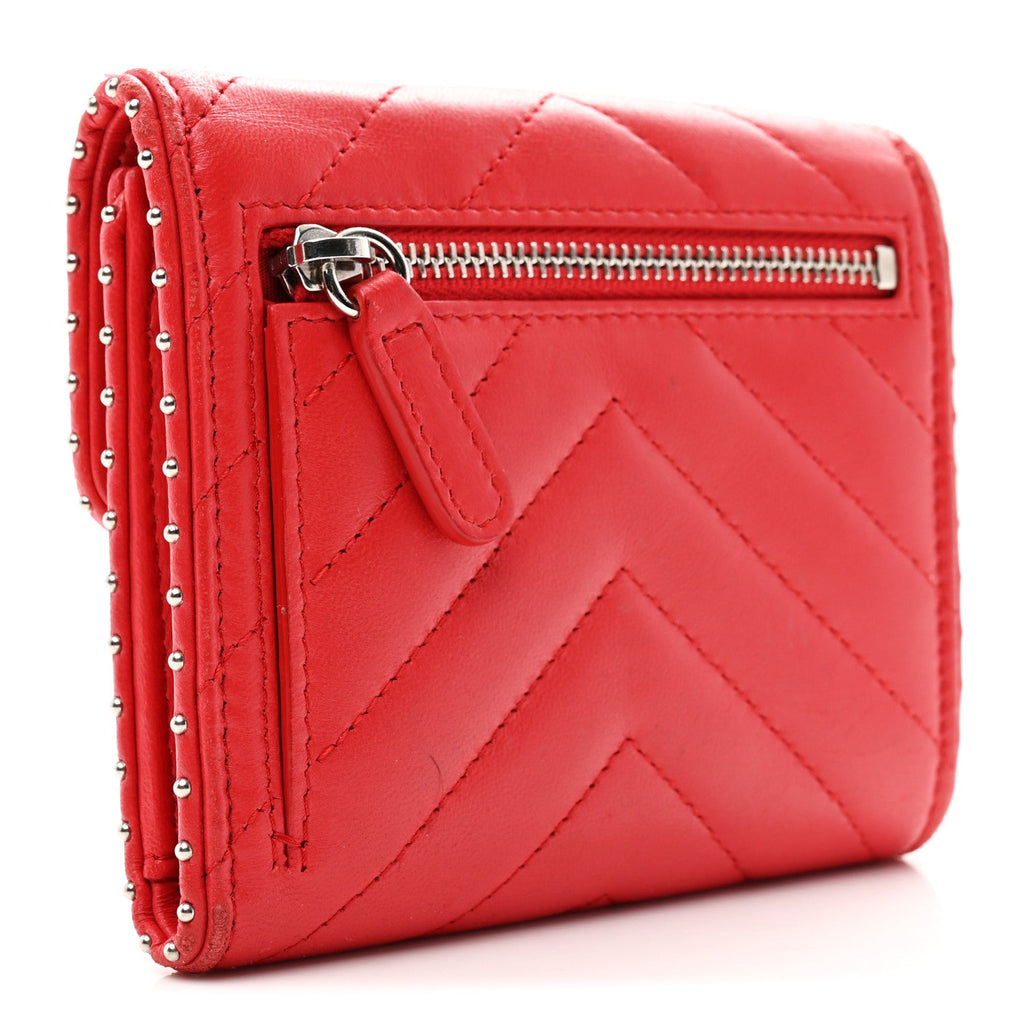 Lambskin Chevron Quilted Studded Compact Flap Wallet Red