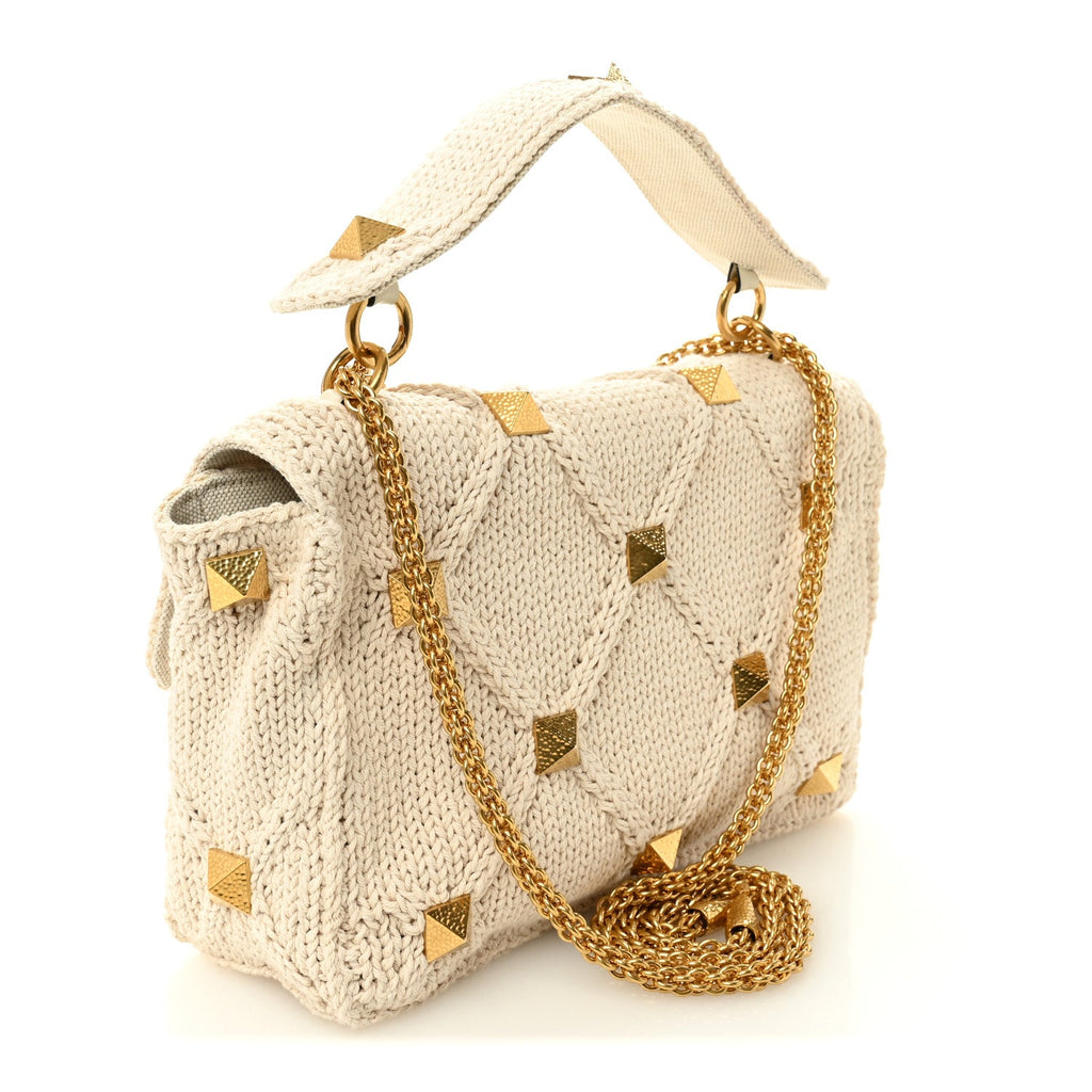 Knit Large Roman Stud Shoulder Bag Ecru