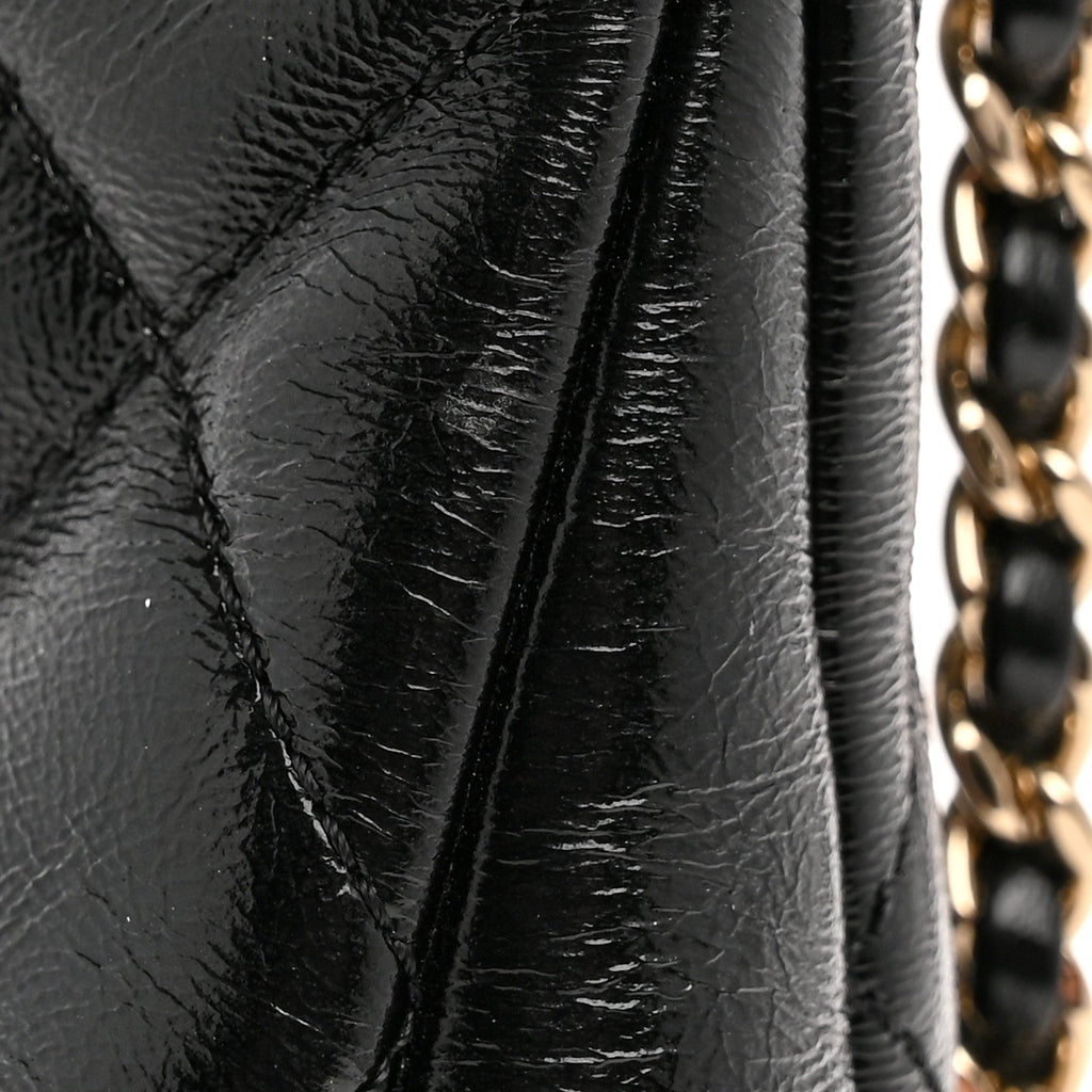 Shiny Crumpled Calfskin Quilted Small 31 Shopping Bag Black