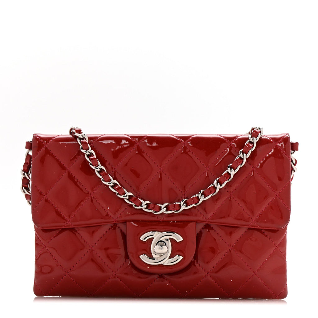 Patent Quilted Mini Flap Clutch With Chain  Red
