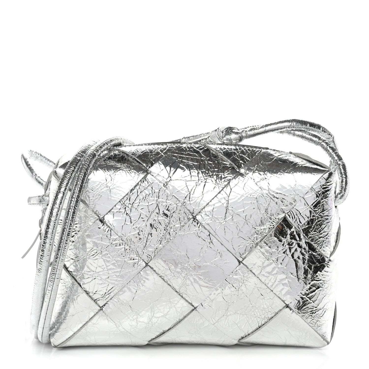 Metallic Crinkled Lambskin Maxi Intrecciato Small Cassette Camera Bag Silver