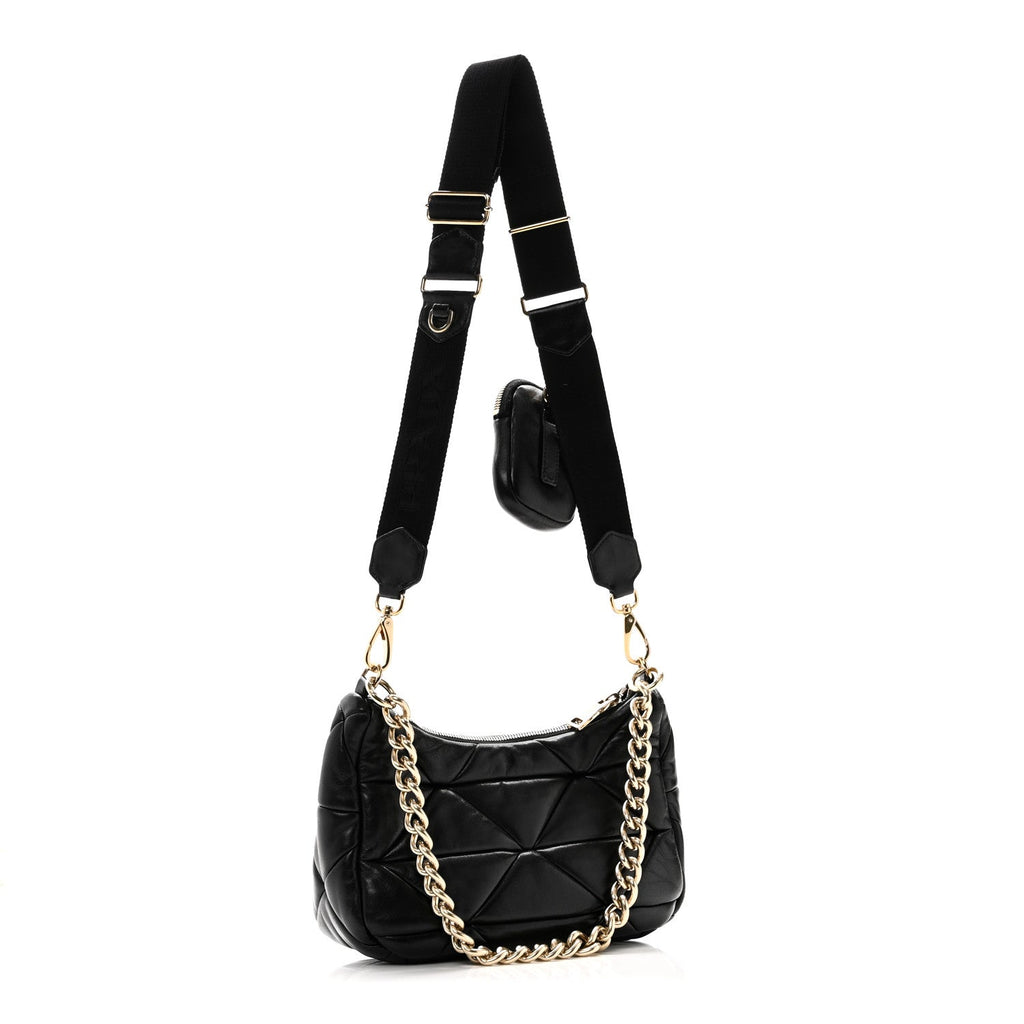 Nappa Re-Nylon Triangle Quilted Patchwork System Shoulder Bag Black