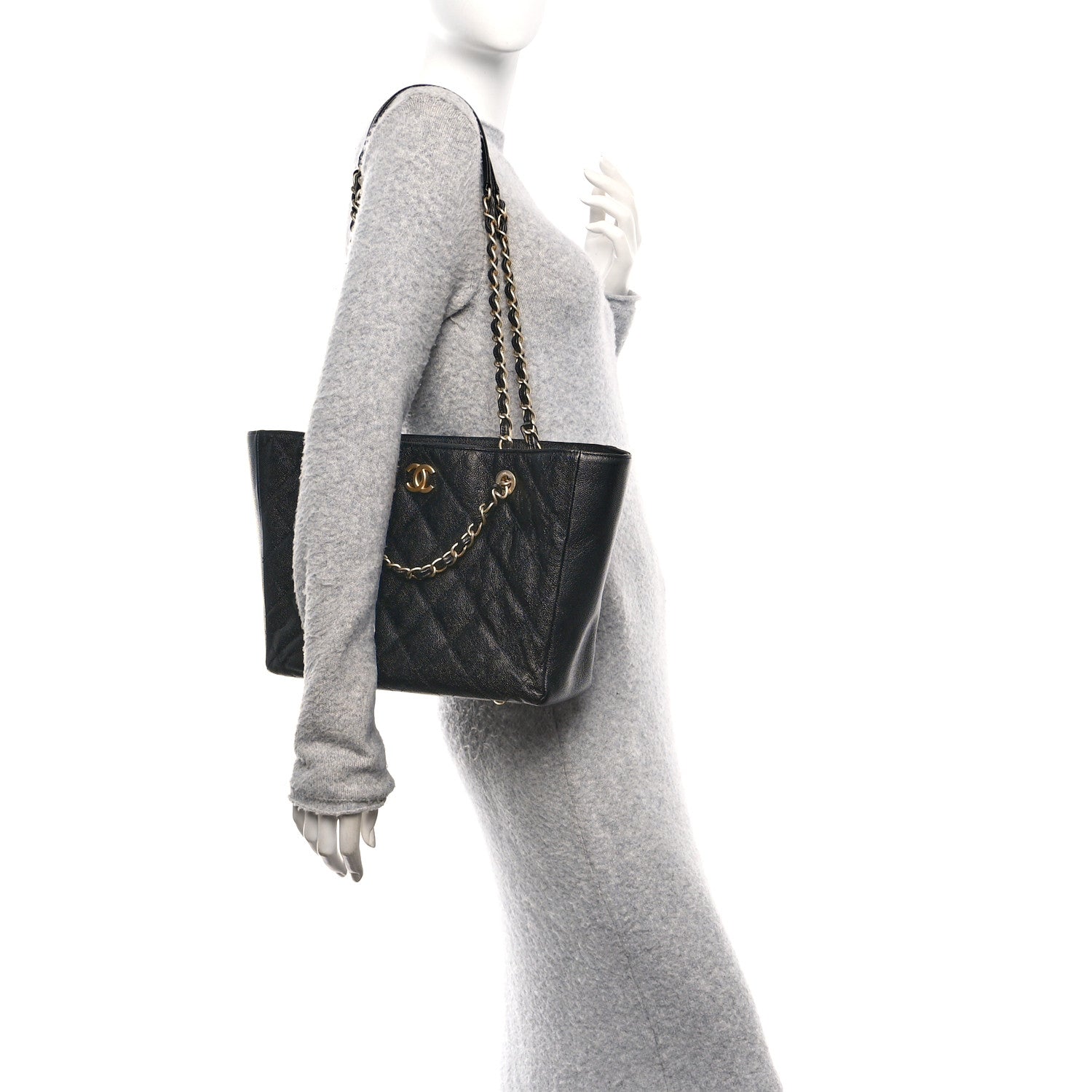 Caviar Quilted Small Trapezoid Chain Shopping Tote Black