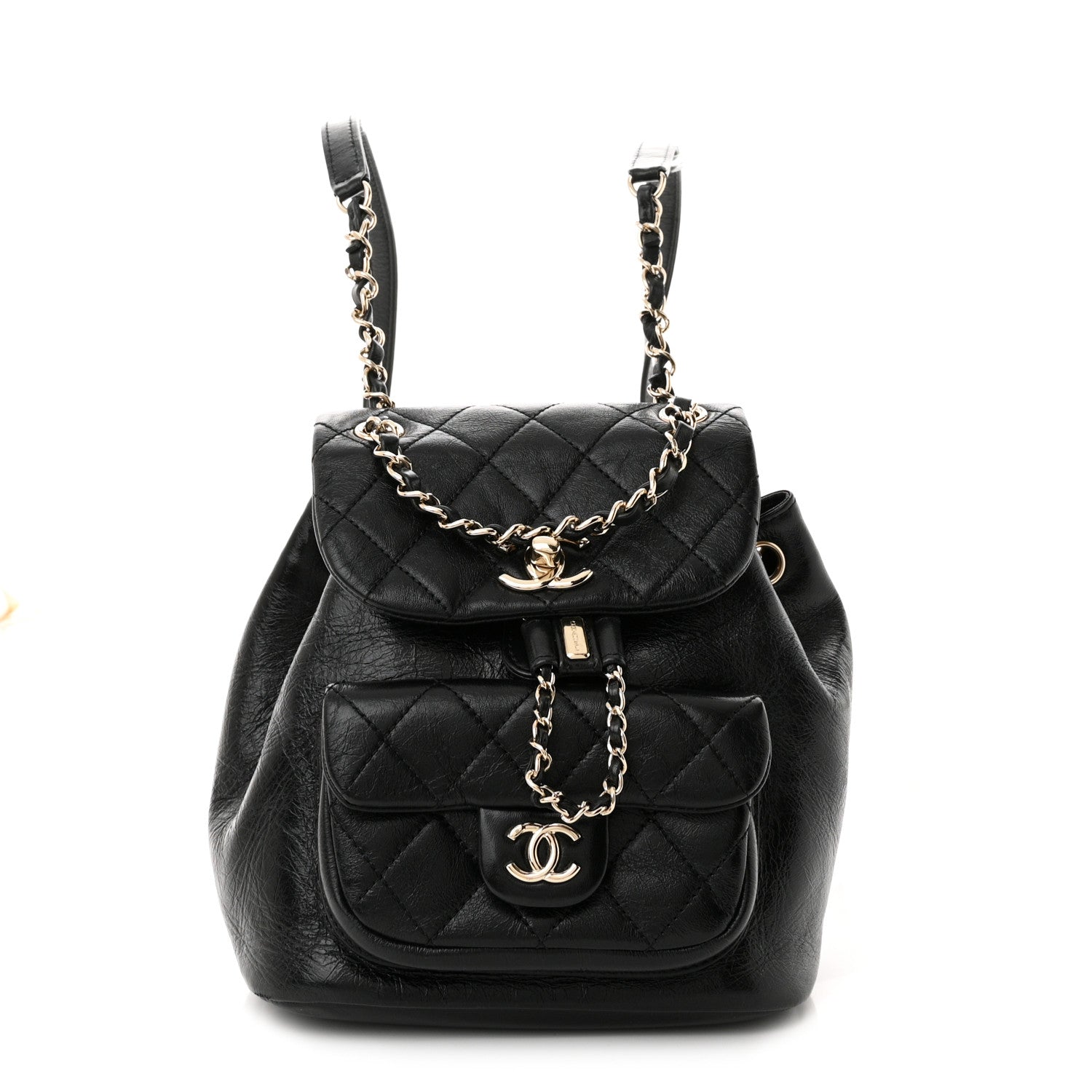 Glazed Aged Calfskin Quilted Small Duma Drawstring Backpack Black