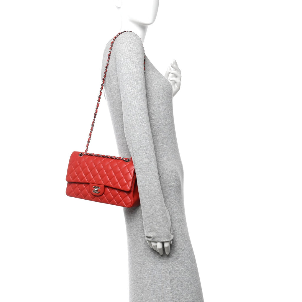 Lambskin Quilted Medium Double Flap Red