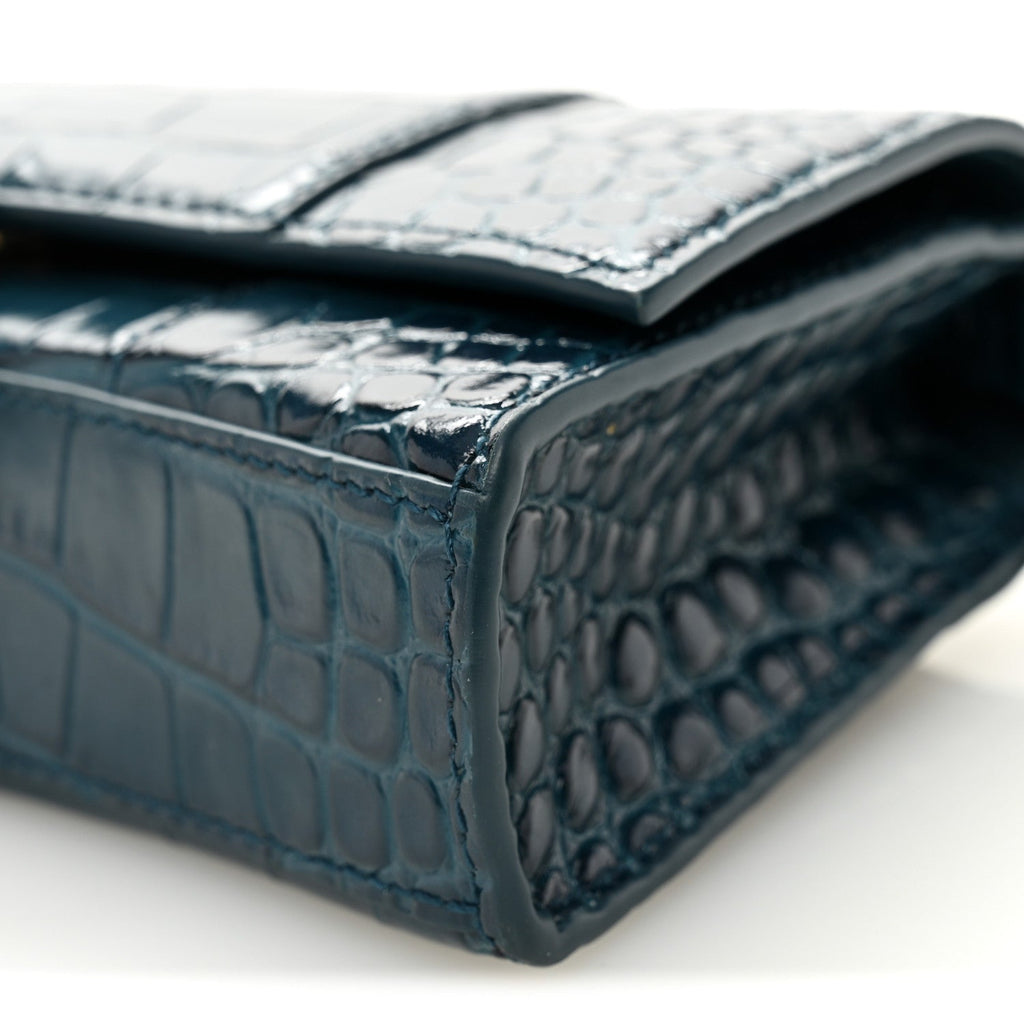 Shiny Calfskin Crocodile Embossed Hourglass Chain Bag Dark Petrol Blue