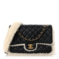 Lambskin Shearling Large CC Flap Bag Black White