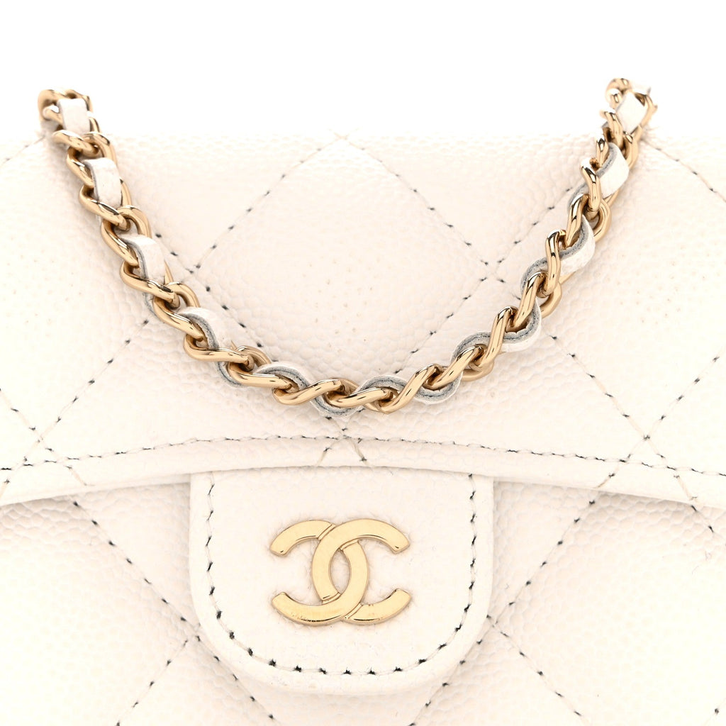 Caviar Quilted Flap  Holder On Chain White