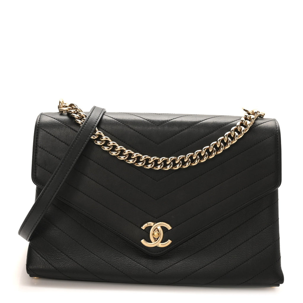 Calfskin Chevron Stitched Large Envelope Flap Black
