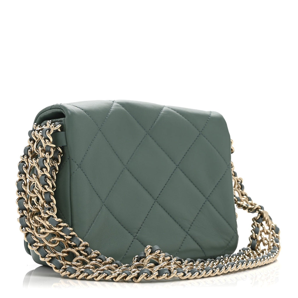 Lambskin Quilted Mini Chain Rows Flap  Green