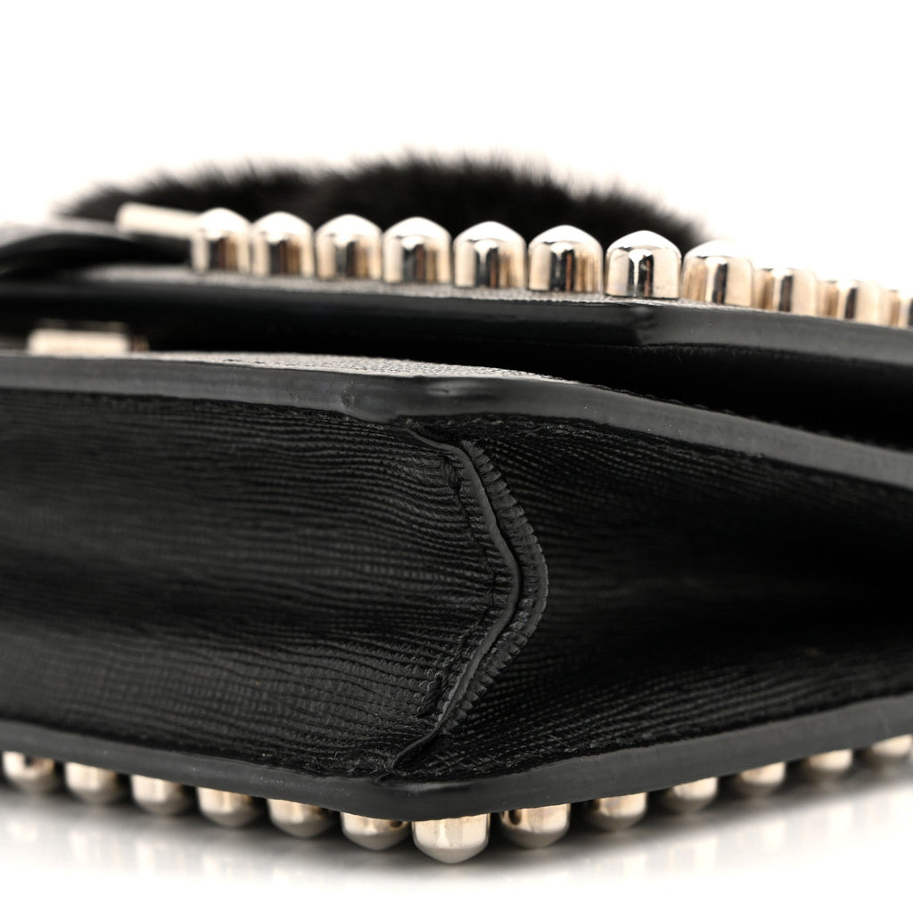 Vitello Elite Mink Fur Studded Karlito Tube Wallet on Chain Black