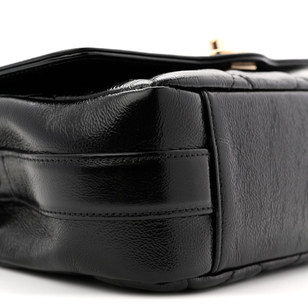 Crumpled Glazed Lambskin Quilted Mini Flap Black