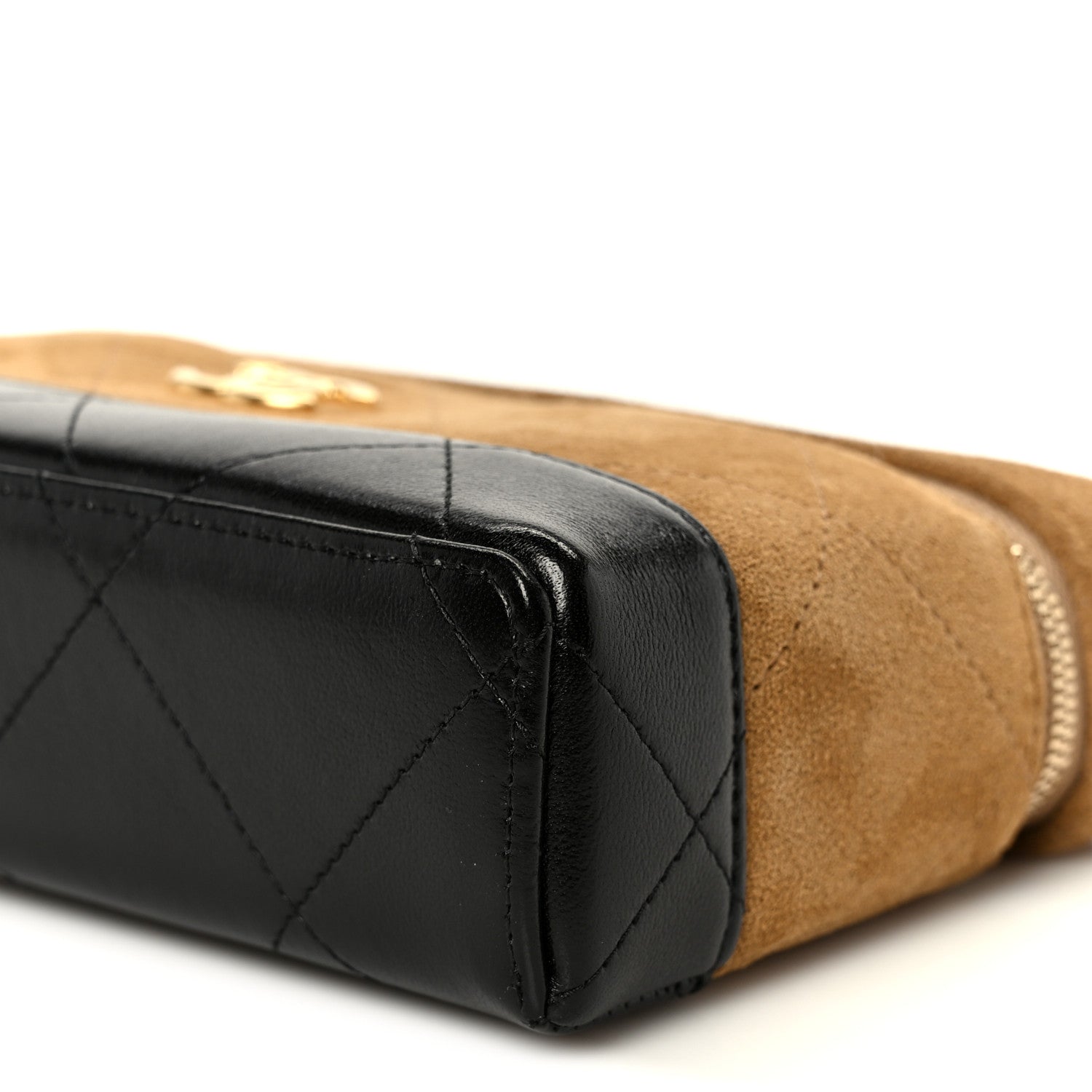 Suede Calfskin Shiny Lambskin Stitched Top Handle Slim Vanity With Chain Beige Black
