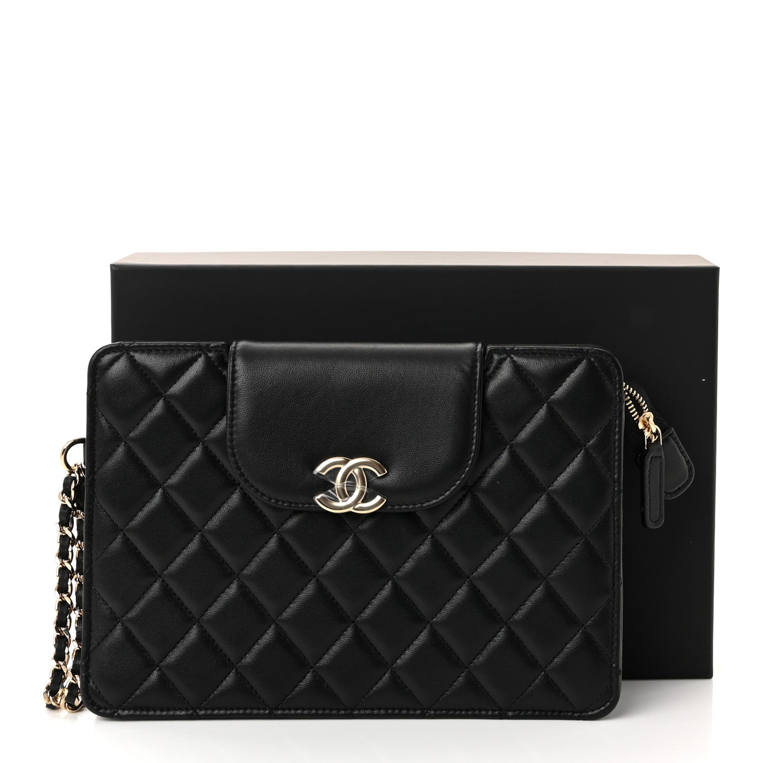 Lambskin Quilted CC Pouch Wristlet Black