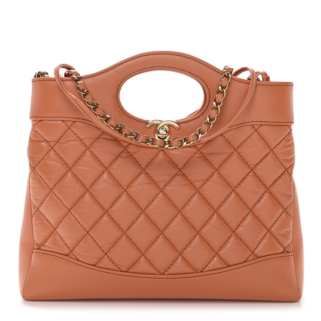 Shiny Crumpled Calfskin Quilted Mini 31 Shopping Bag Orange