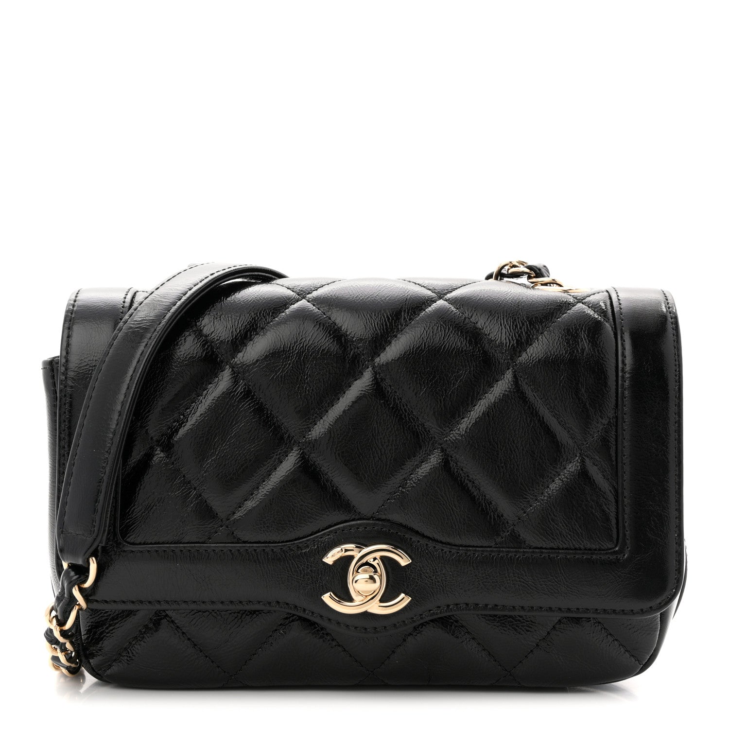 Crumpled Glazed Lambskin Quilted Mini Flap Black
