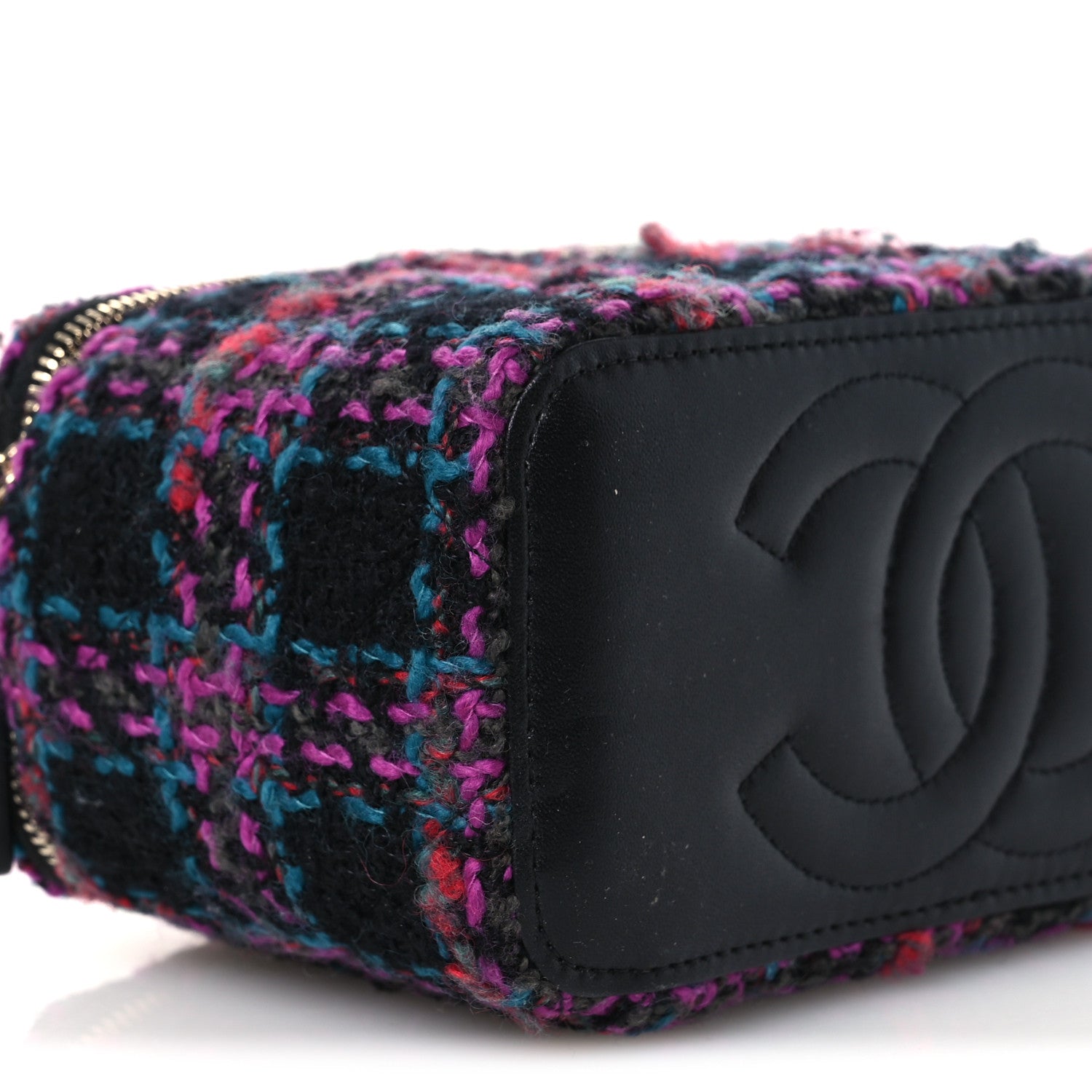 Tweed Quilted Small Vanity Case With Chain Black Purple Green Red
