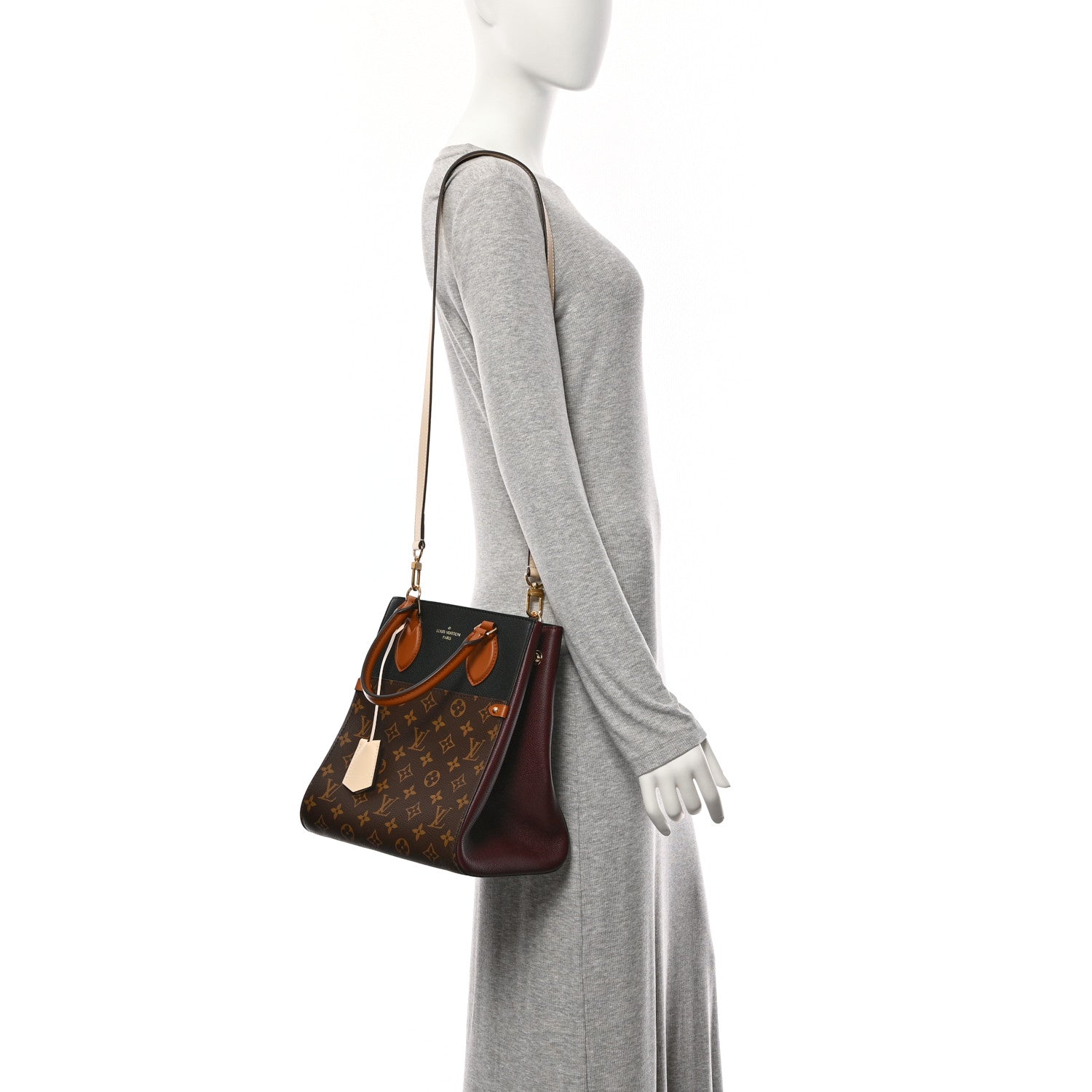 Calfskin Monogram Fold Tote MM Black Wine Cream