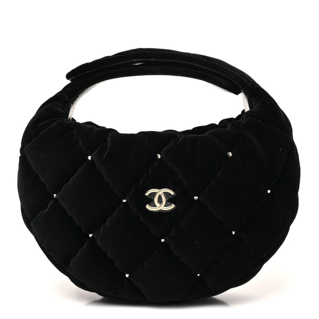 Velvet Diamanté Quilted Pocket Pouch Hobo Black