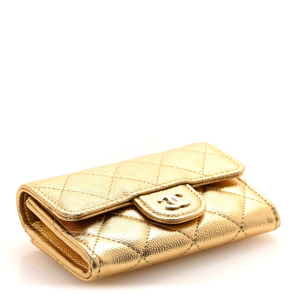 Metallic Caviar Quilted Flap  Holder Wallet Gold