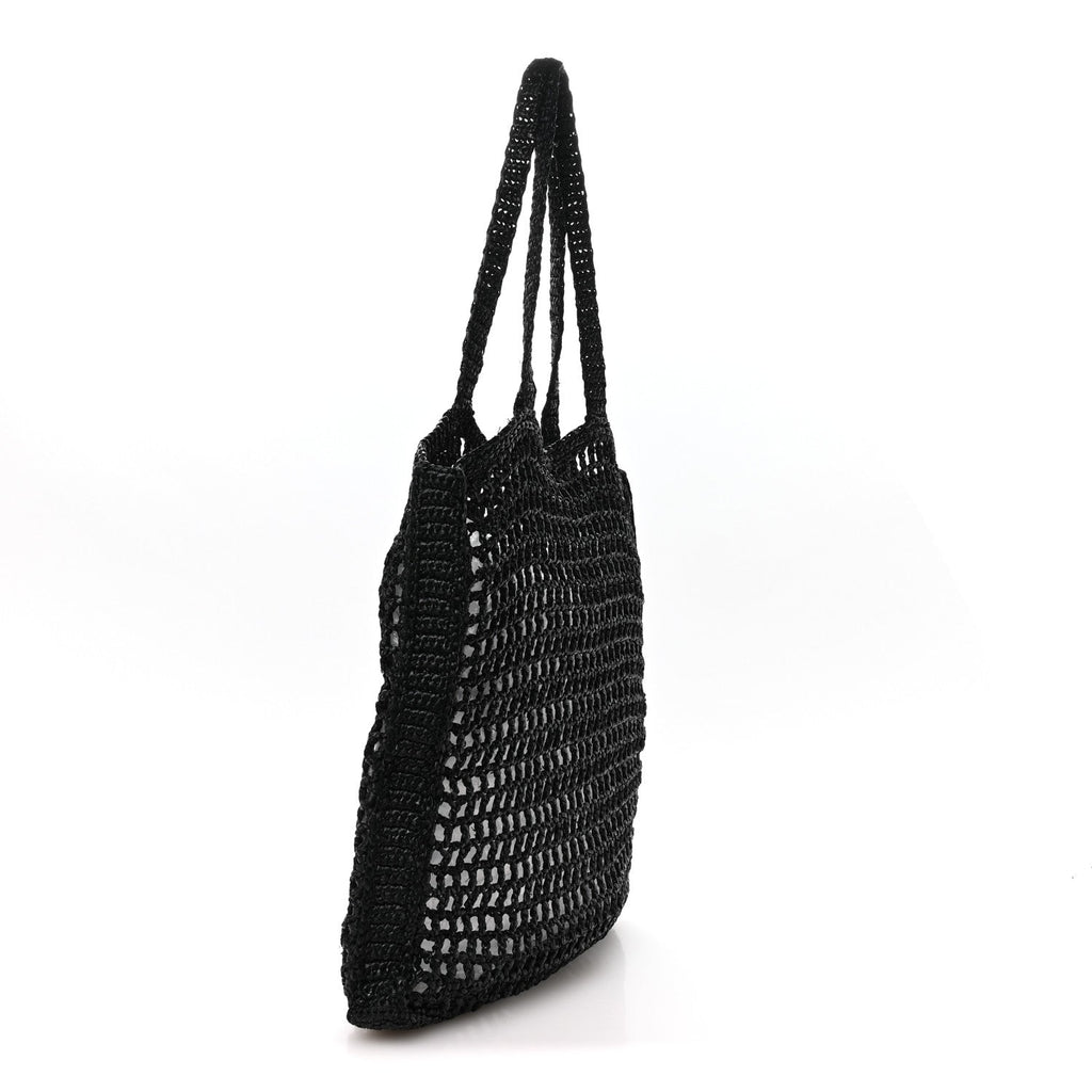 Yarn Raffia Effect Crochet Logo Embroidered Tote Bag Black