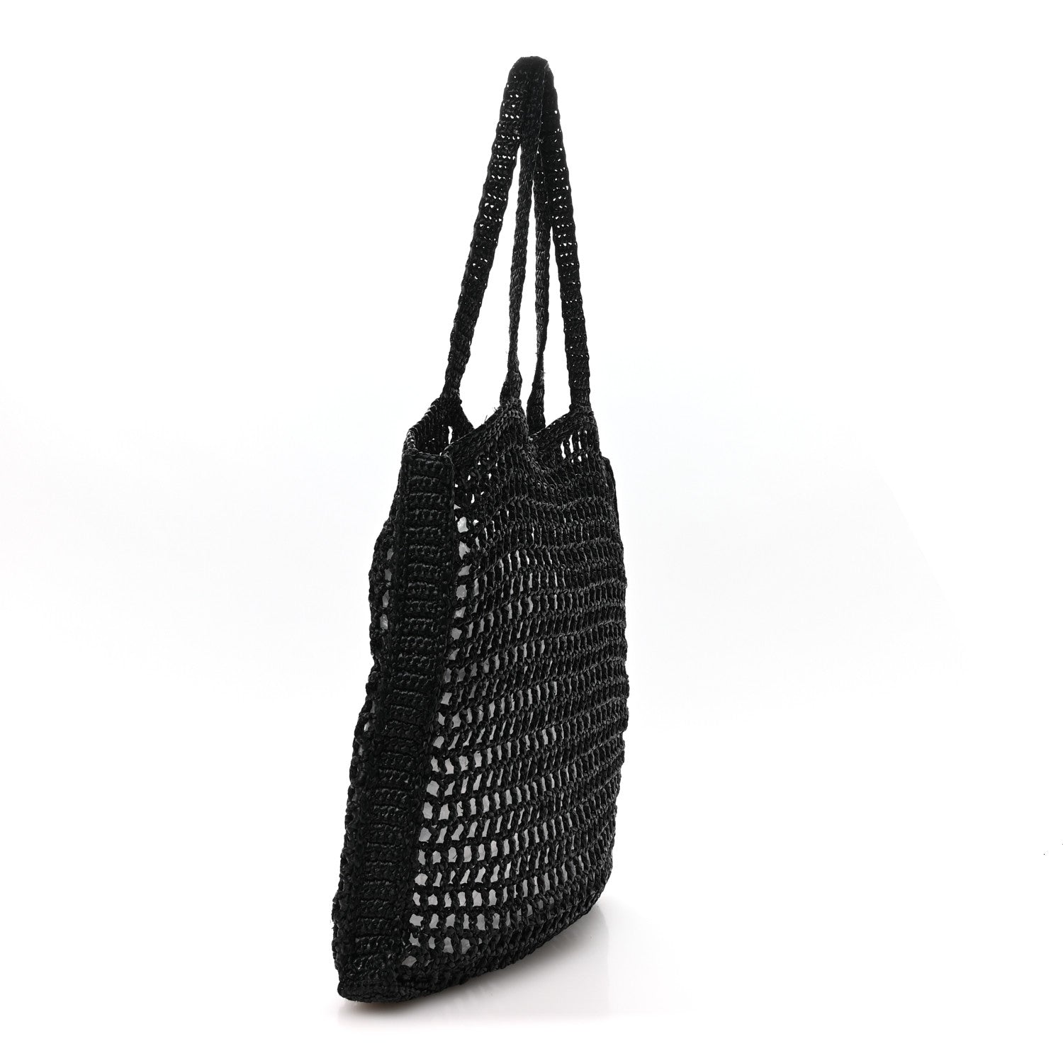 Yarn Raffia Effect Crochet Logo Embroidered Tote Bag Black
