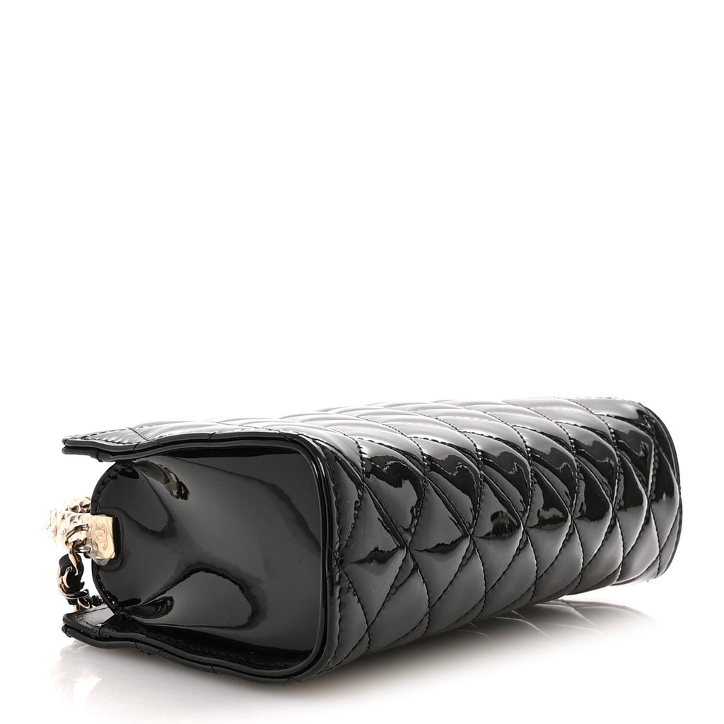 Patent Calfskin Quilted Pearl Clutch With Chain Black