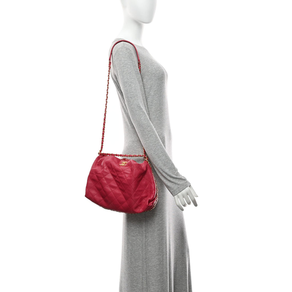 Calfskin Quilted Coco Shelter Bowling Bag Dark Pink Red