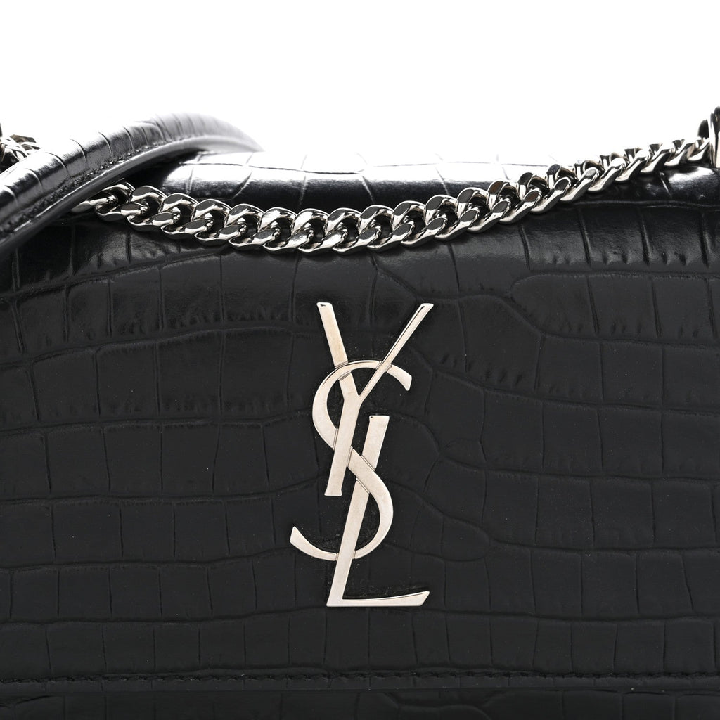 Calfskin Crocodile Embossed Monogram Sunset Chain Wallet Black