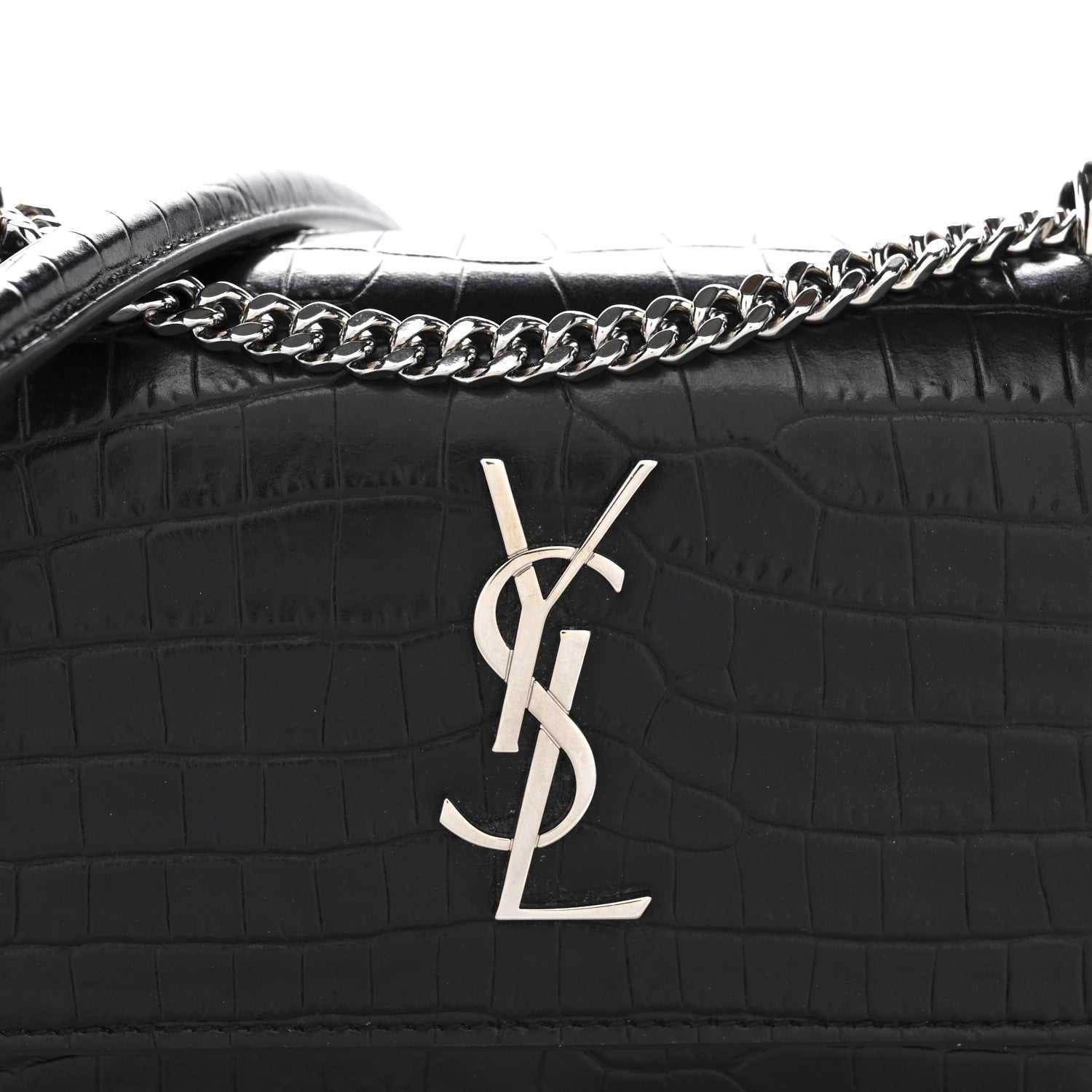 Calfskin Crocodile Embossed Monogram Sunset Chain Wallet Black