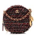 Tweed Quilted Round Clutch With Chain Red