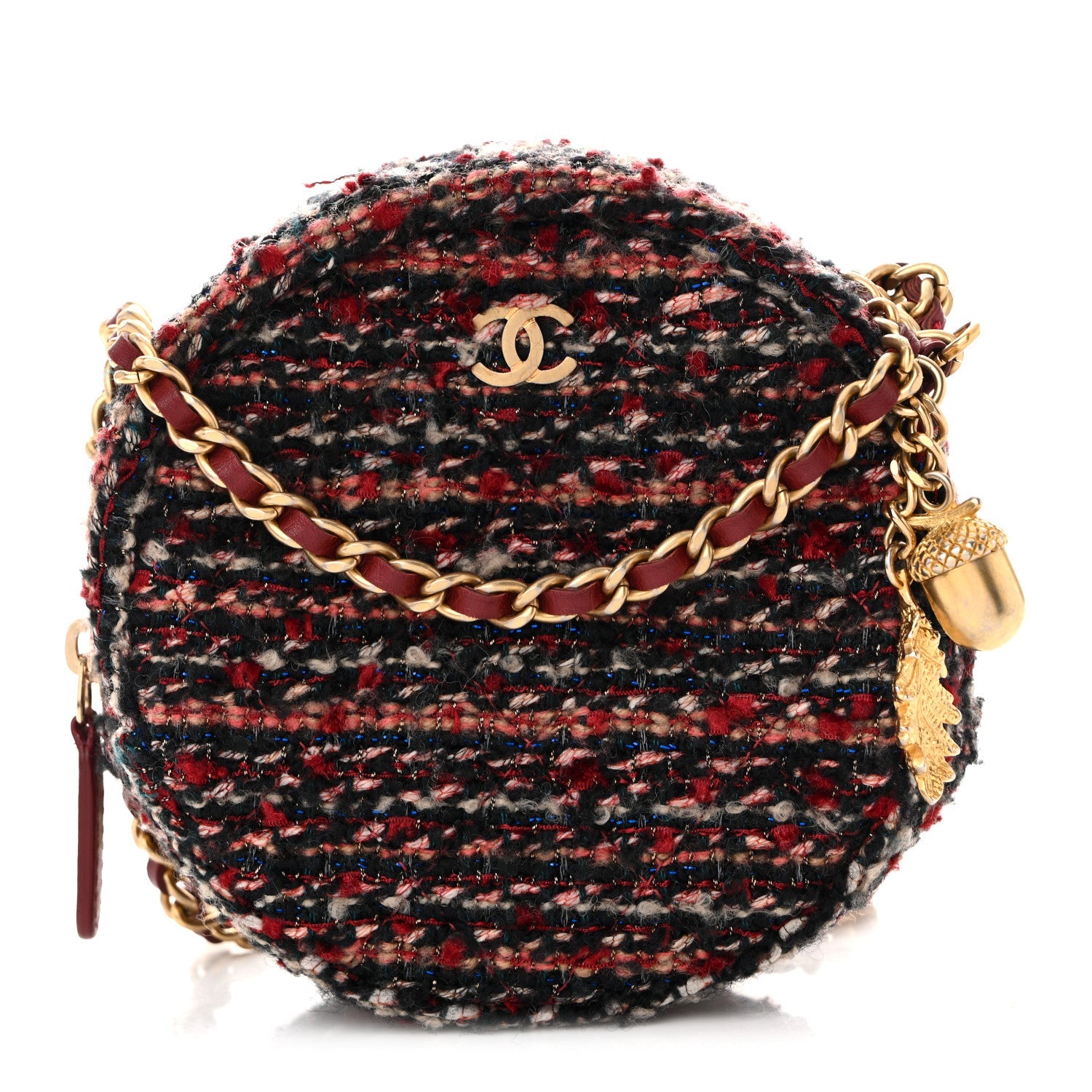 Tweed Quilted Round Clutch With Chain Red