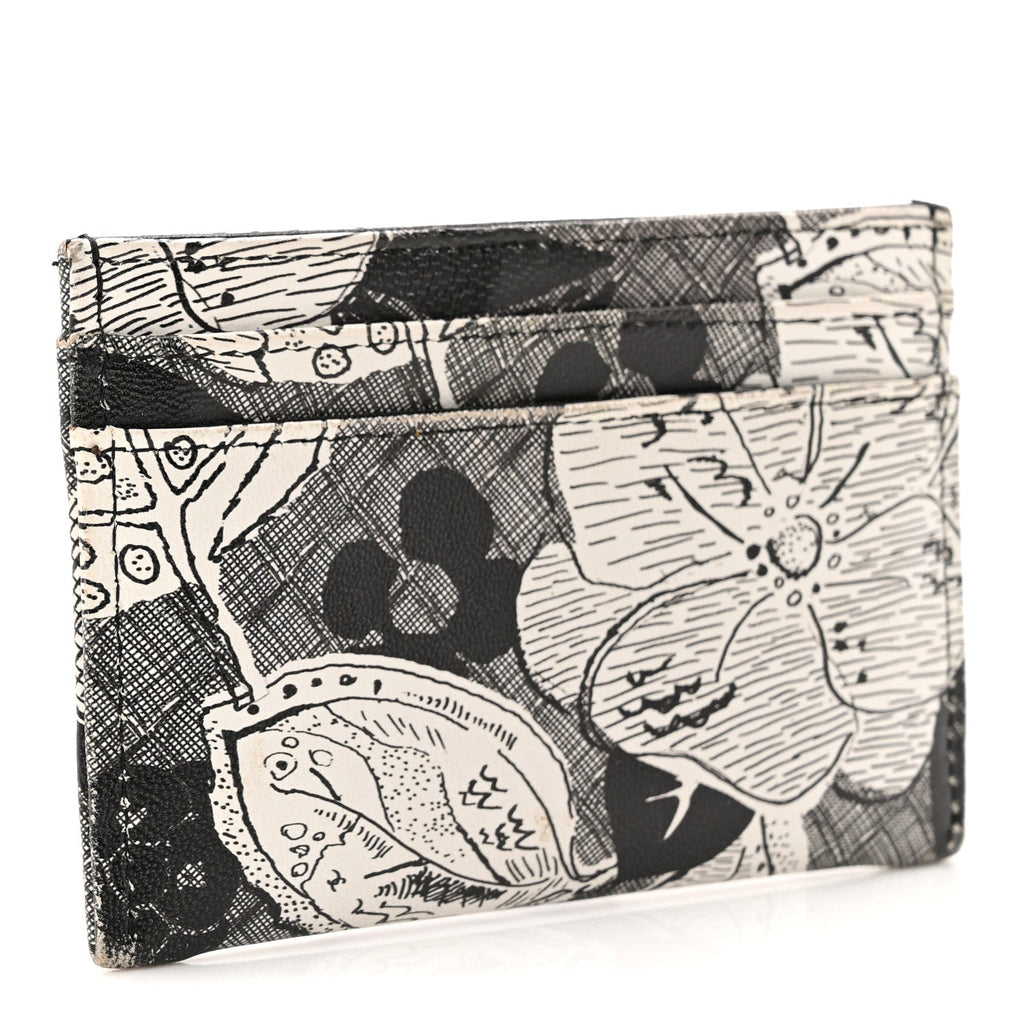 Coated Canvas Lambskin Quilted Camellia  Holder Black White