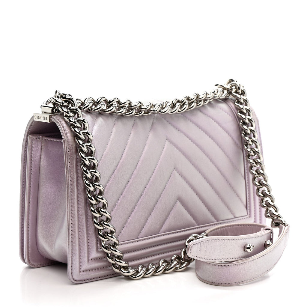Iridescent Lambskin Chevron Quilted Medium Boy Flap Purple