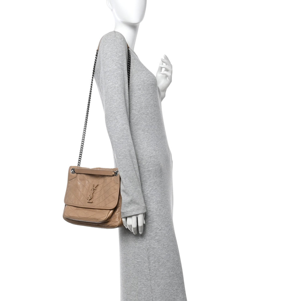 Crinkled Calfskin Matelasse Monogram Medium Niki Chain Satchel Light Taupe