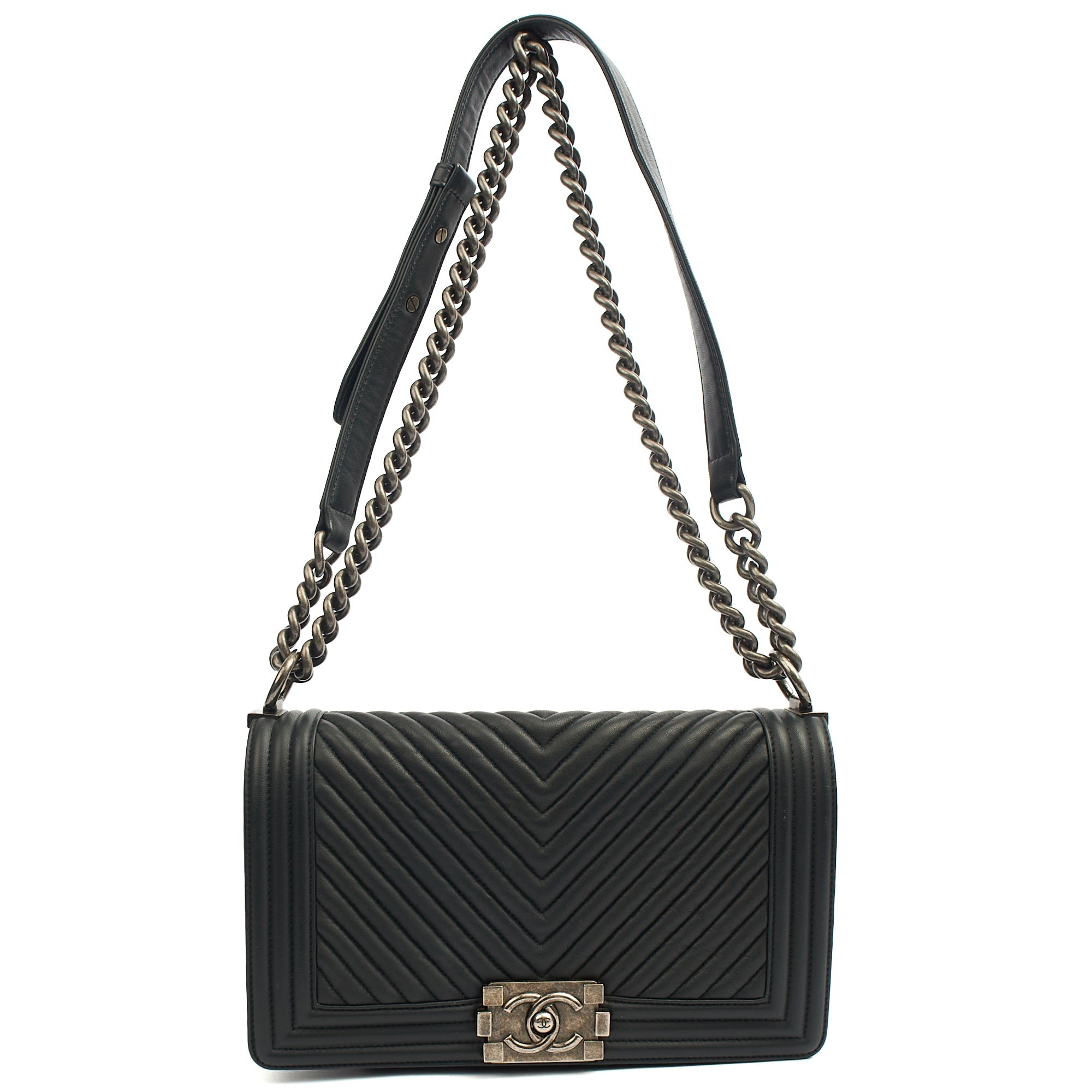 Chanel Cross Body Chevron Boy in Grey, Leather