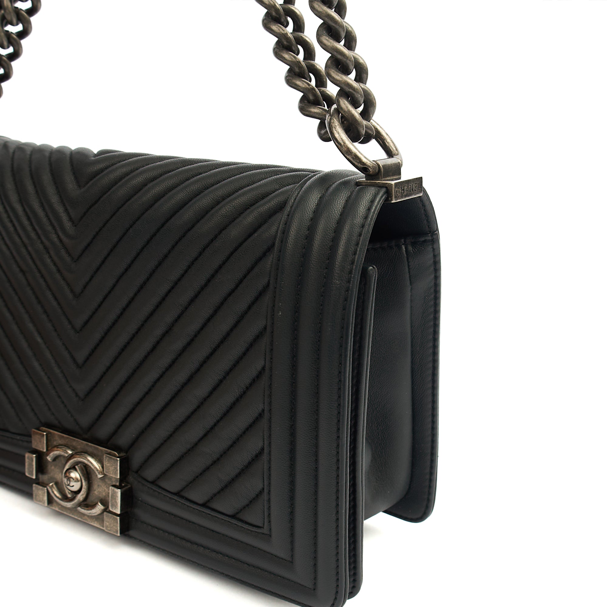 Chanel Cross Body Chevron Boy in Grey, Leather