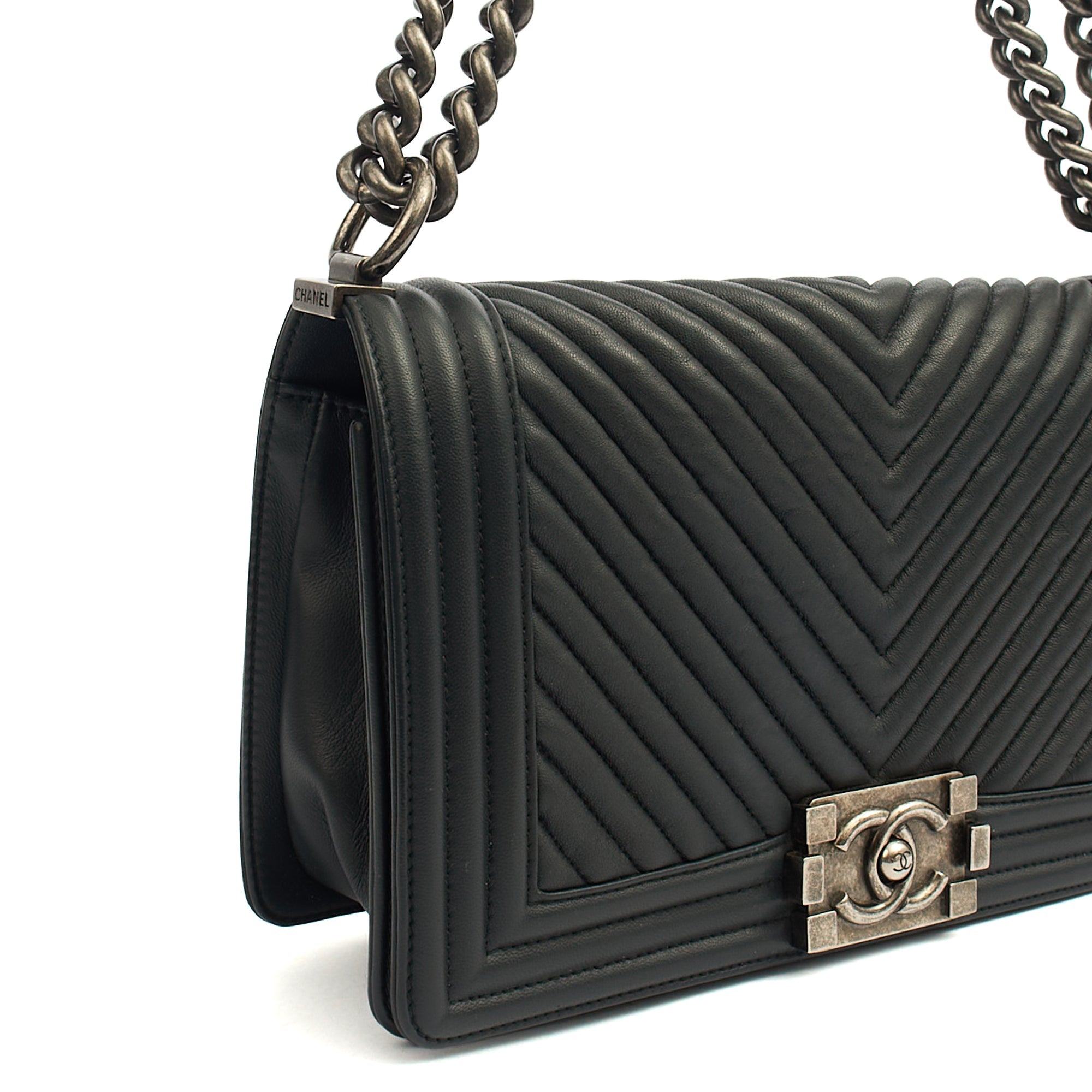 Chanel Cross Body Chevron Boy in Grey, Leather