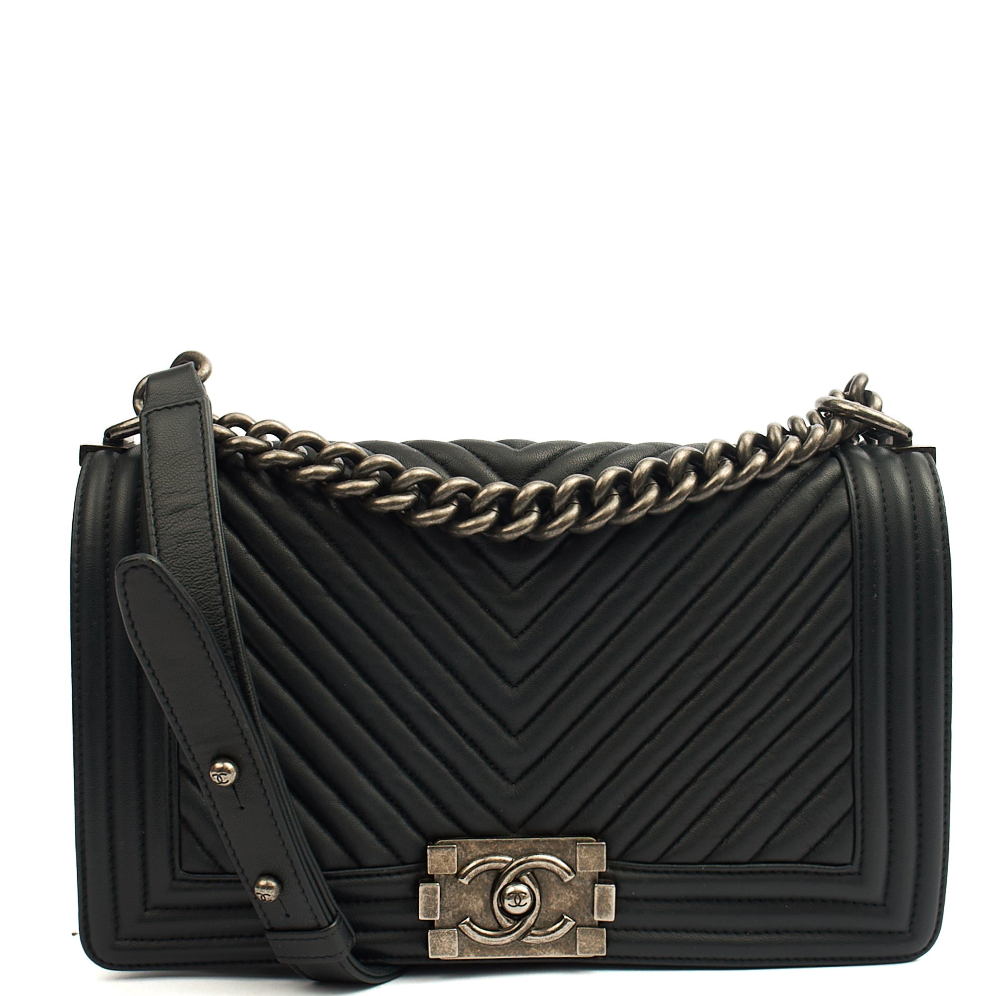 Chanel Cross Body Chevron Boy in Grey, Leather