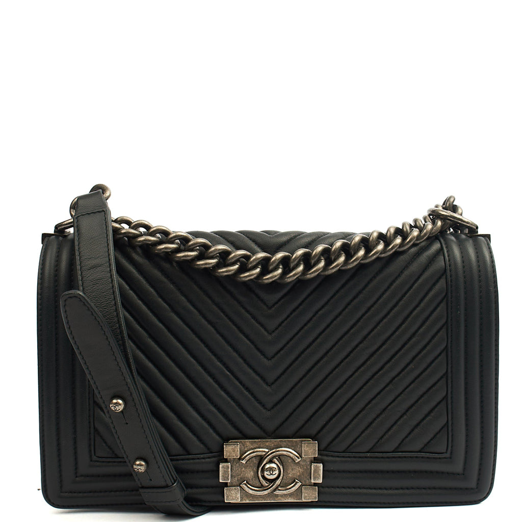 Chanel Cross Body Chevron Boy in Grey, Leather