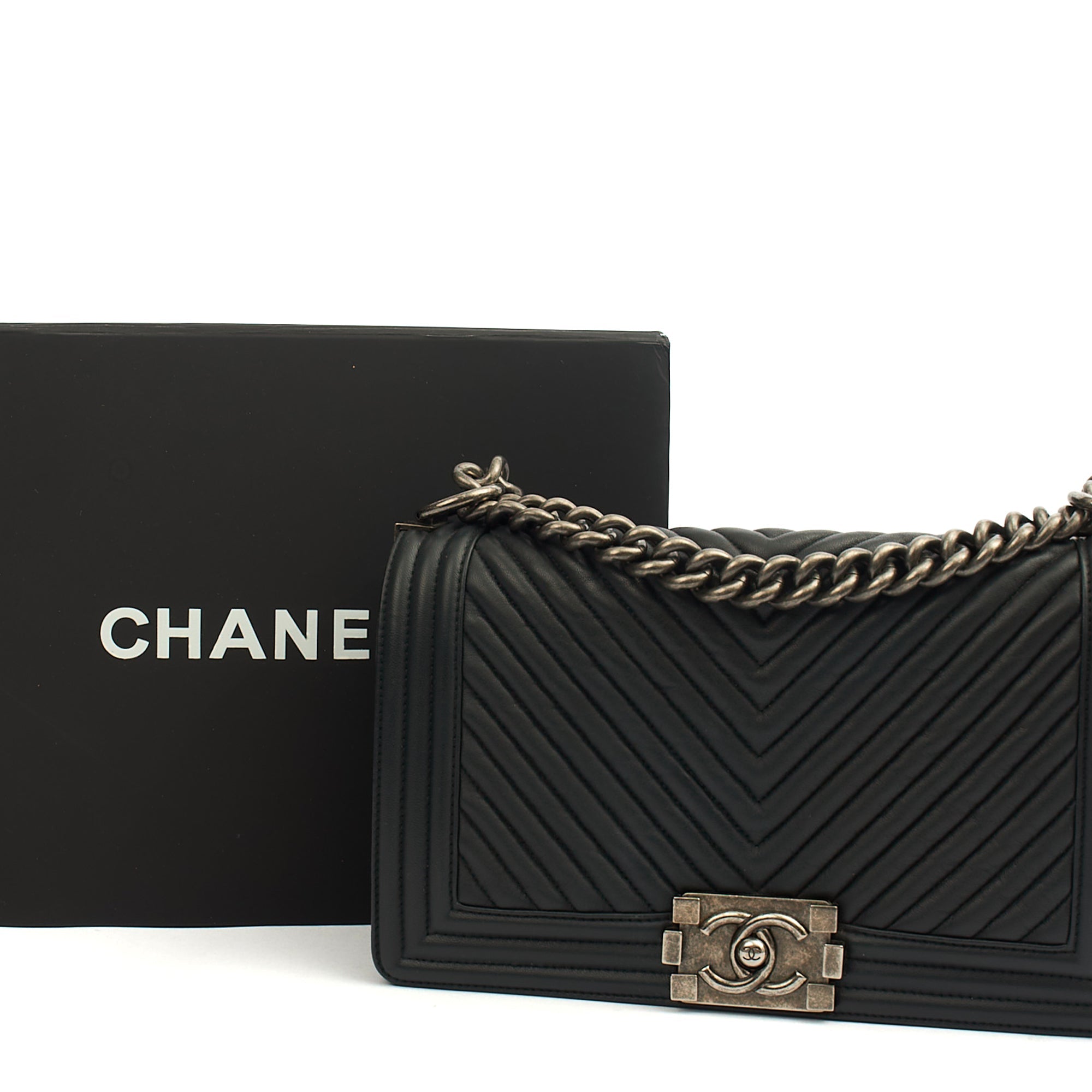 Chanel Cross Body Chevron Boy in Grey, Leather