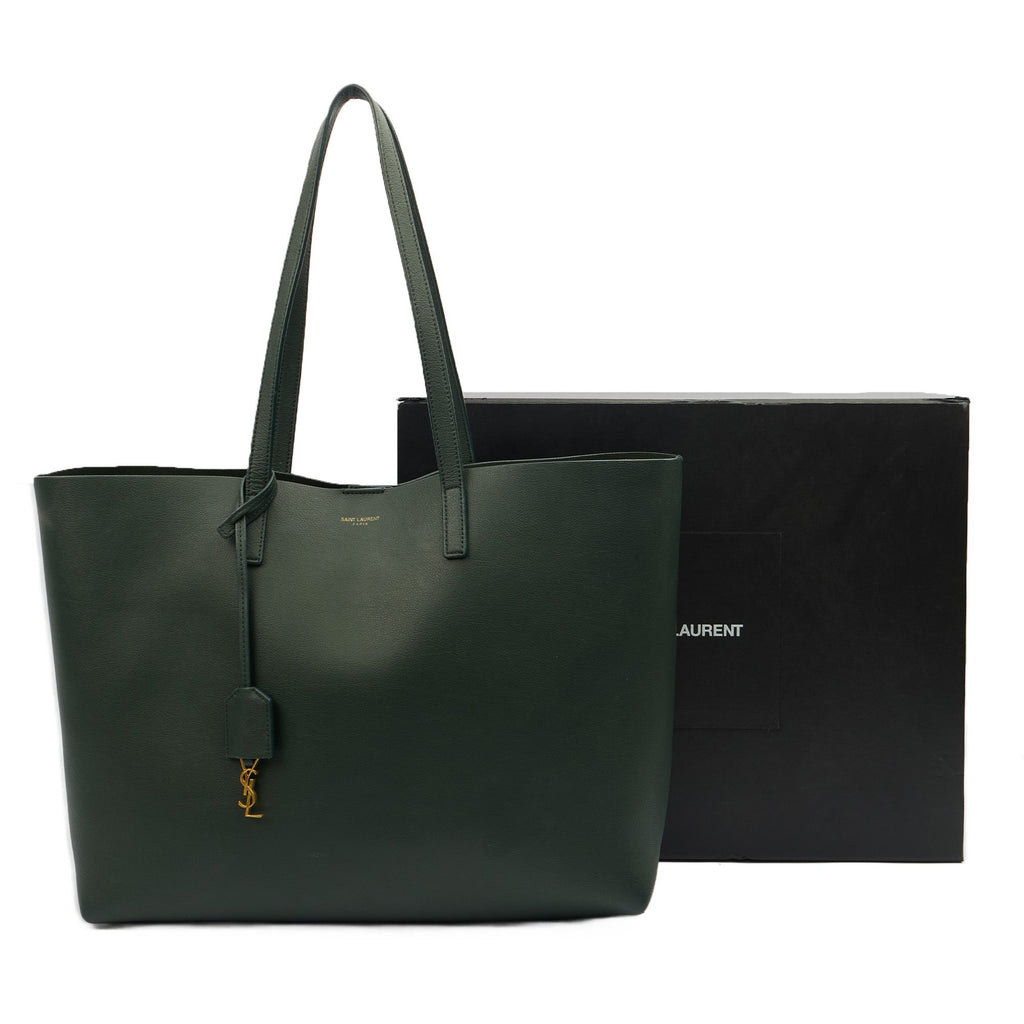 Saint Laurent Tote Shopping East West in Green, Calfskin Leather