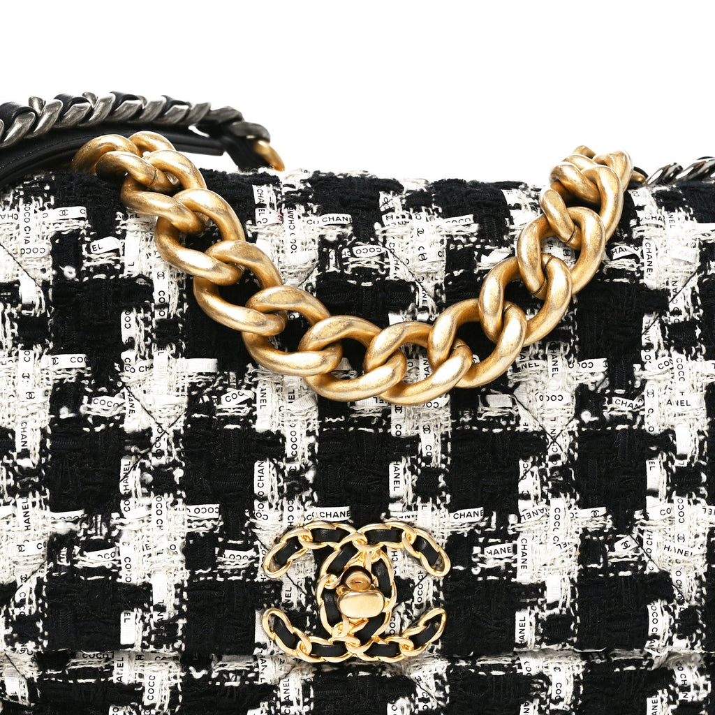 Tweed Quilted Large Chanel 19 Flap Black Ecru White