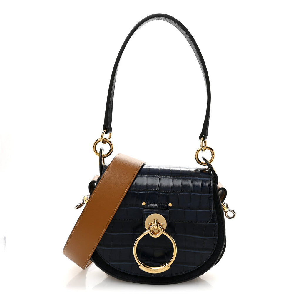 Calfskin Crocodile Embossed Small Tess Bag Full Blue
