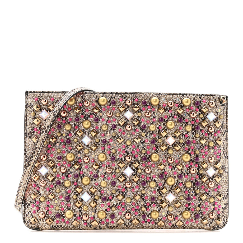 Metallic Snakeskin Embossed Spikes Loubiposh Clutch Gold Pink