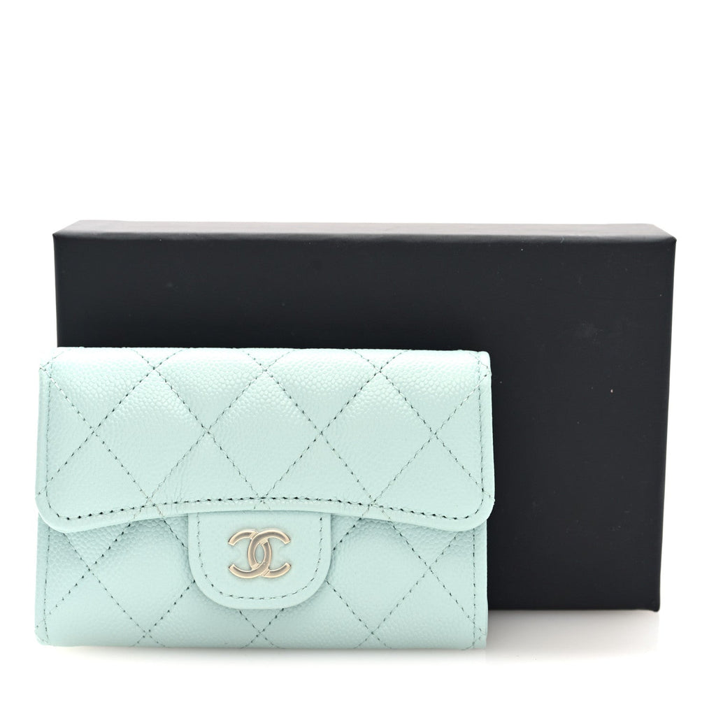 Caviar Quilted Flap  Holder Wallet Light Blue