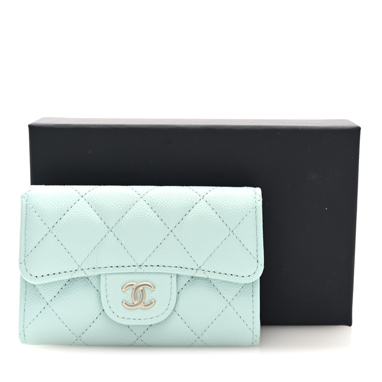 Caviar Quilted Flap  Holder Wallet Light Blue