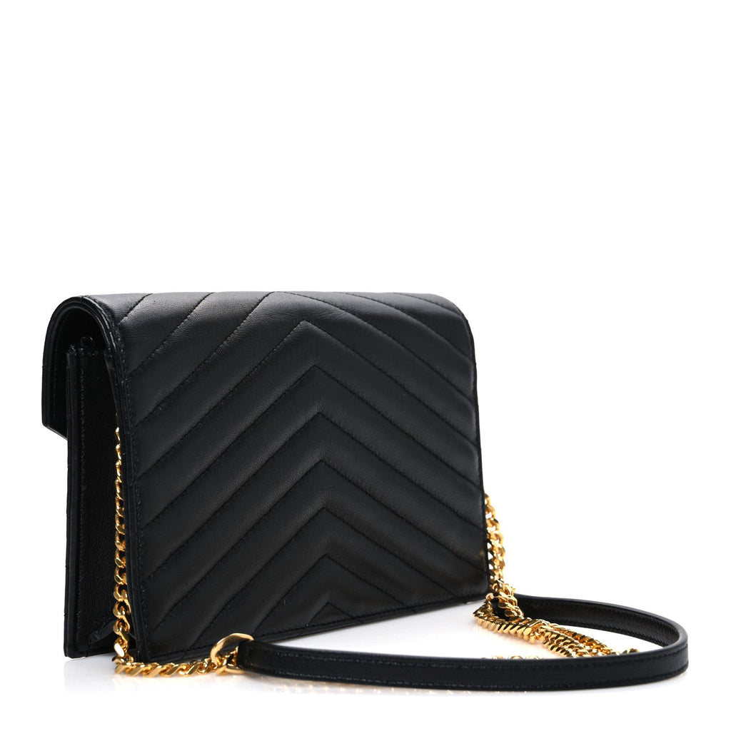 Lambskin Matelasse Chevron Monogram Envelope Chain Wallet Black