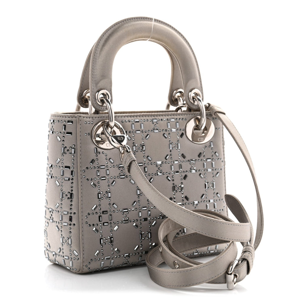 Satin Crystal Cannage Mini Lady Dior Gray